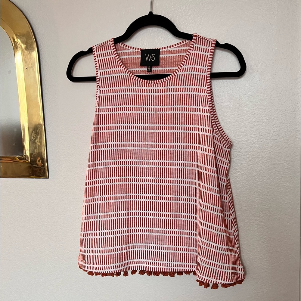 Burnt orange patterned tank top with tassels - full length top, not cropped.